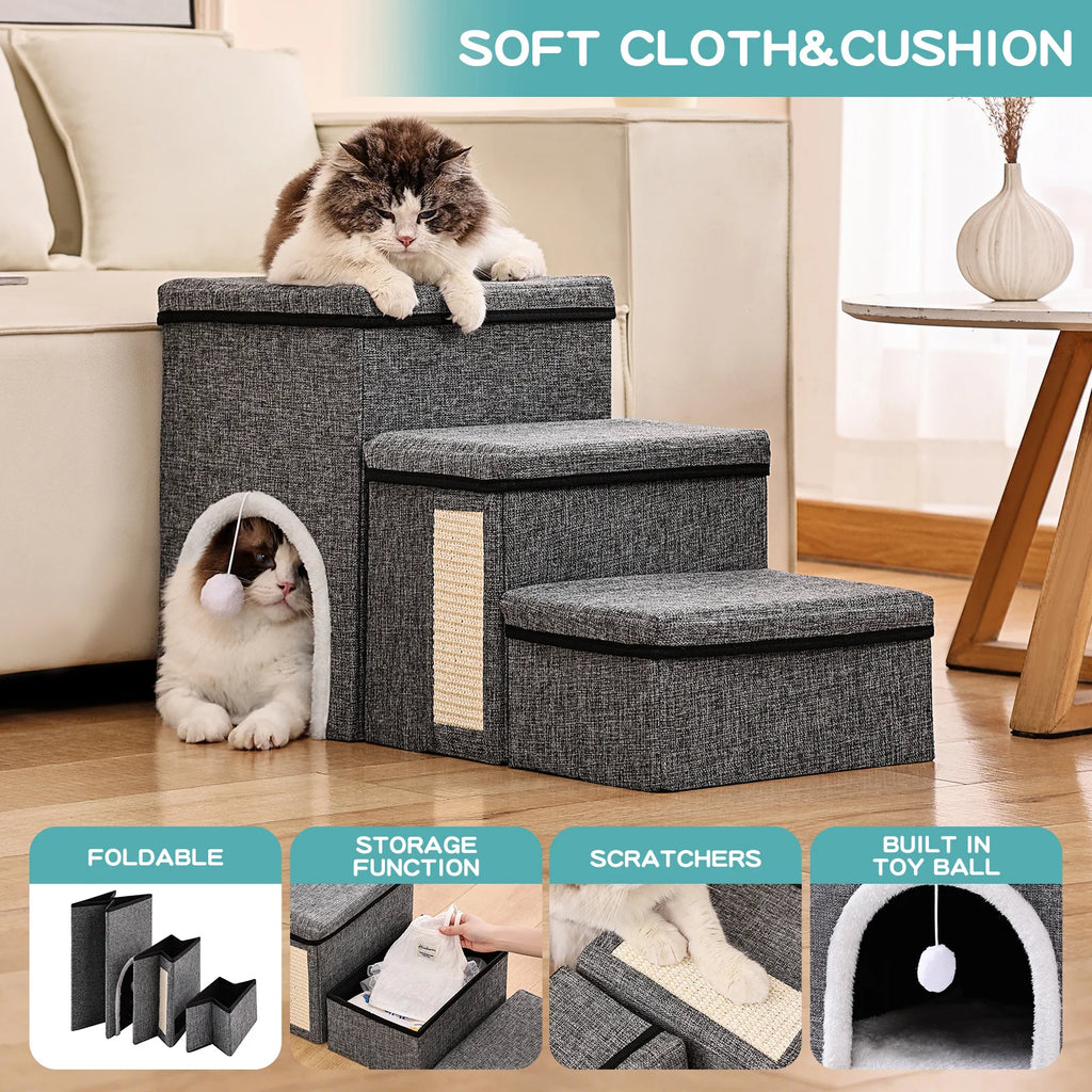 Hundetreppe 3 Stufen – Holz mit Kuschelhöhle, rutschfest