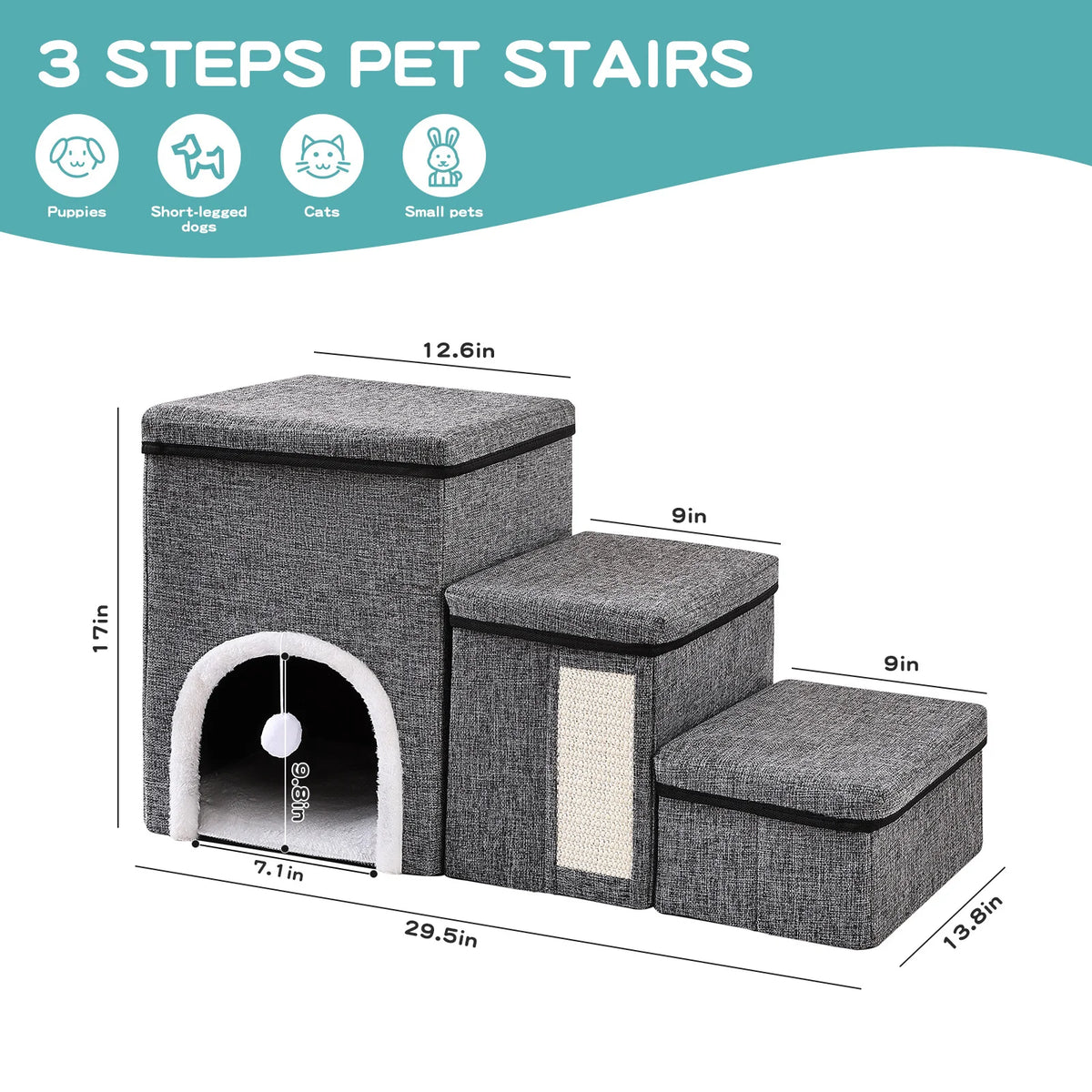 Hundetreppe 3 Stufen – Holz mit Kuschelhöhle, rutschfest